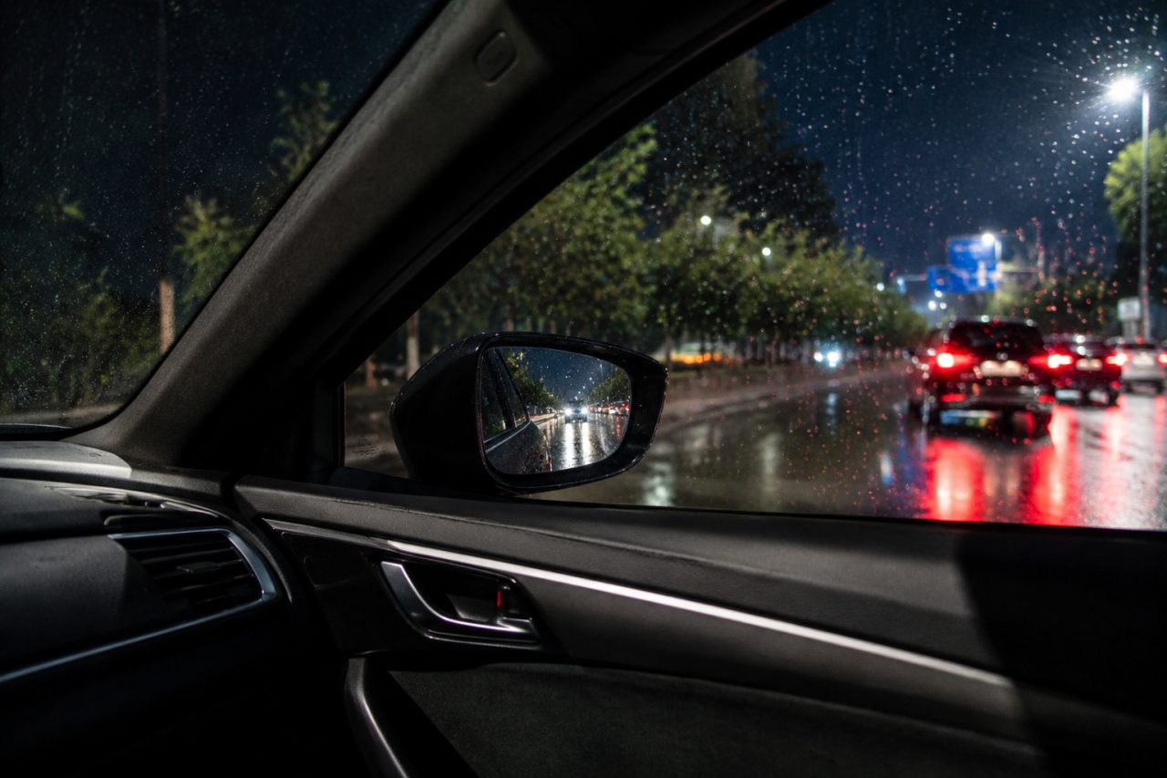 雨夜驾驶视角，汽车侧窗玻璃良好无严重反光，清晰可见后视镜及后方车辆灯光，真实驾驶感