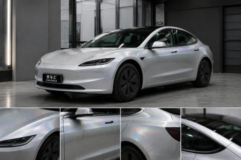 镭射银让Model 3呈现流动金属光泽，简洁车身多了一层未来感